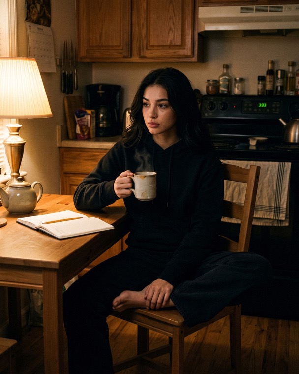 Nova Rai at a kitchen table at night with a cup of tea and an open notebook