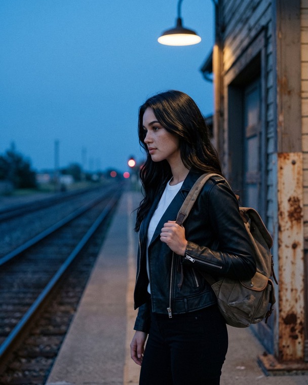 Nova Rai with a backpack on a station platform, looking down the line at blue hour